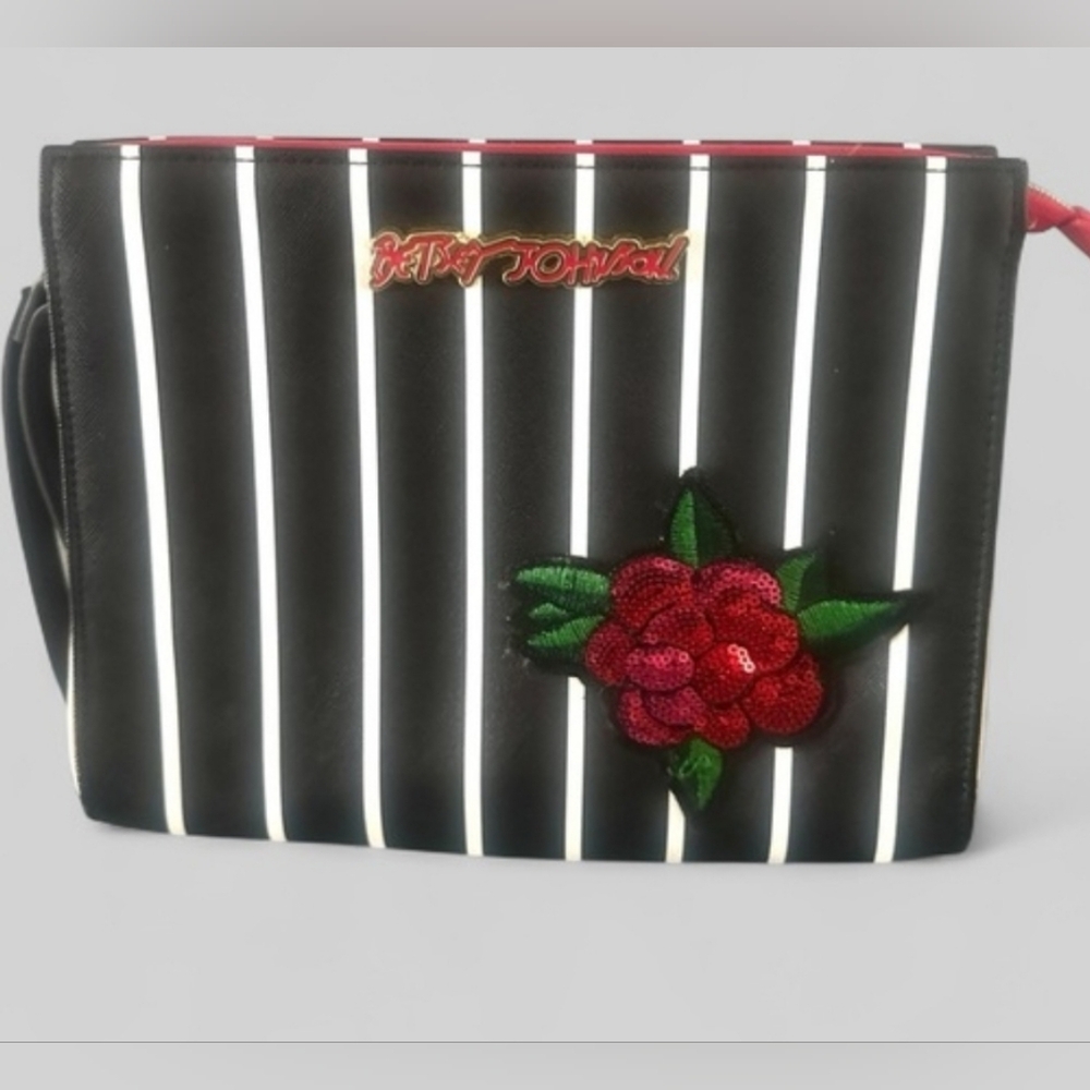 Betsey Johnson Black and White Stripe Tech Bag/Clutch w/Large Sequined Red Rose